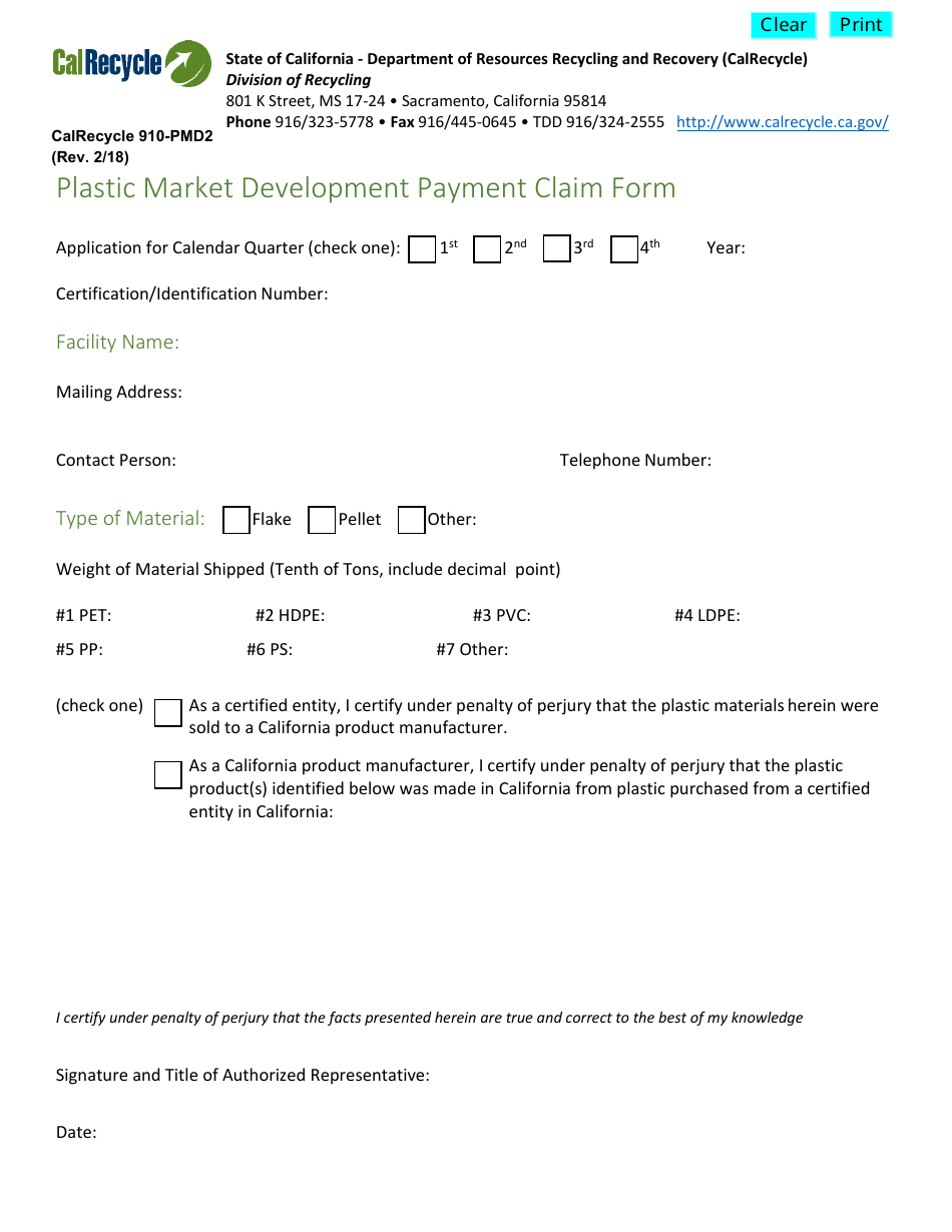 Form CalRecycle910-PMD2 Plastic Market Development Payment Claim Form - California, Page 1