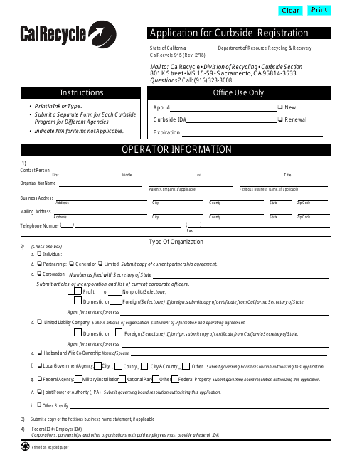Form CalRecycle915 Application for Curbside Registration - California