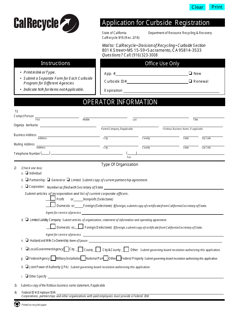 Form CalRecycle915 Application for Curbside Registration - California, Page 1