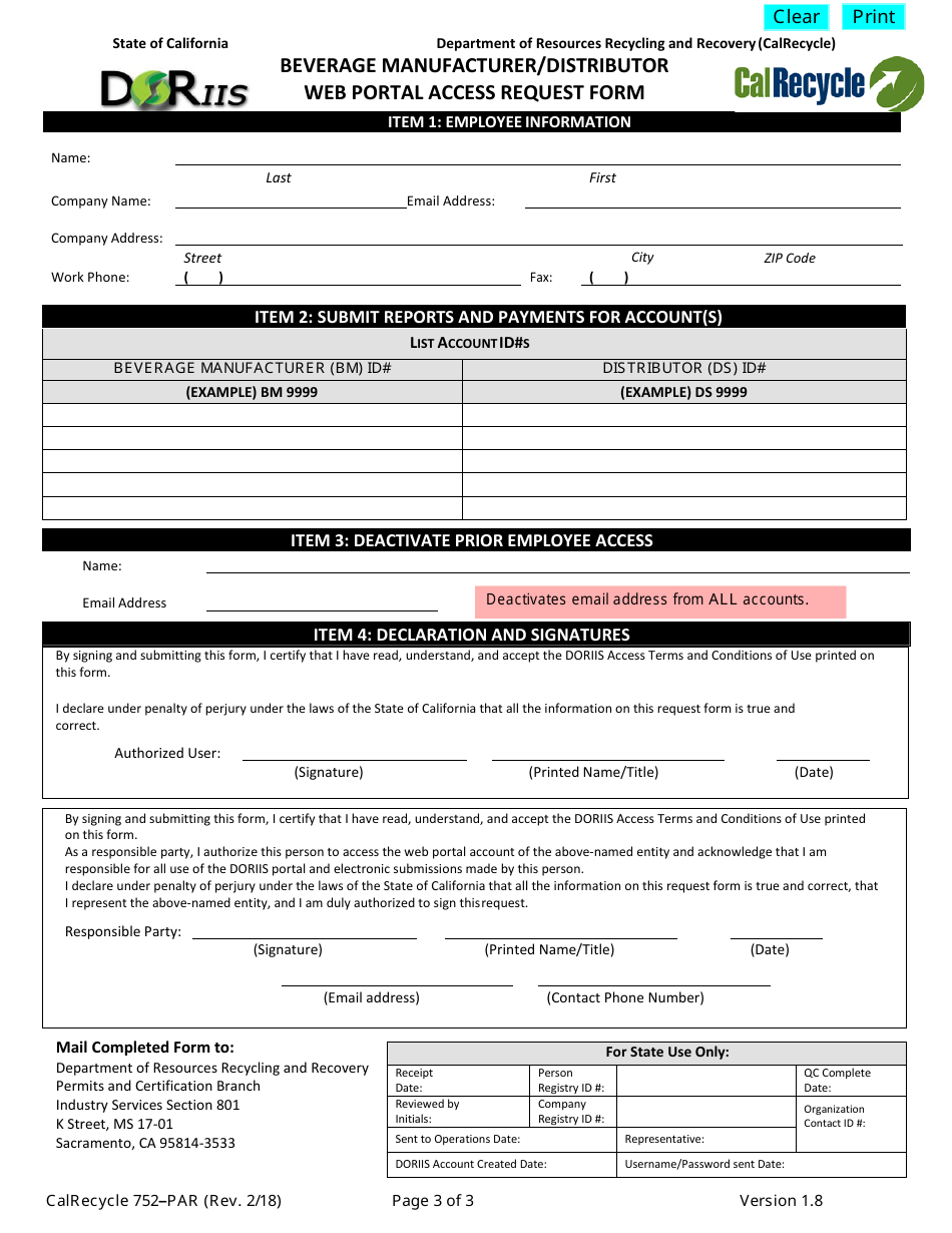 Form CalRecycle752-PAR Beverage Manufacturer / Distributor Web Portal Access Request Form - California, Page 3