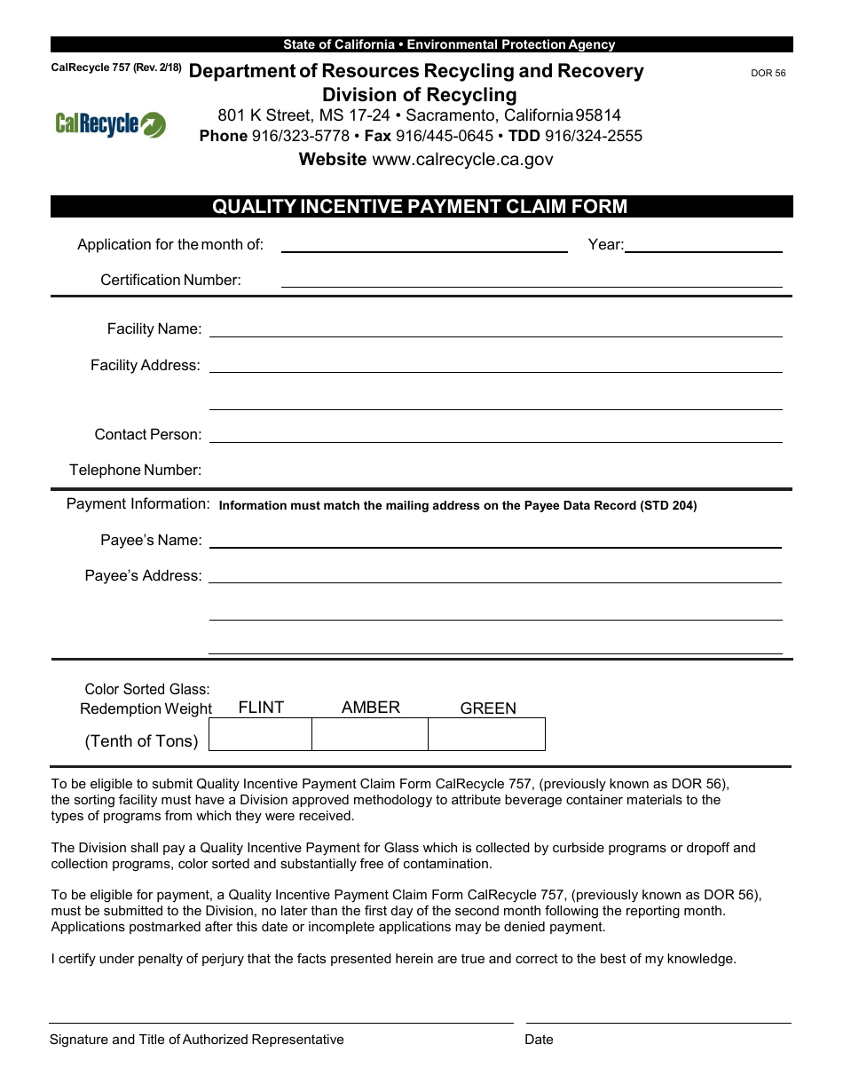 Form CalRecycle757 Quality Incentive Payment Claim Form - California, Page 1