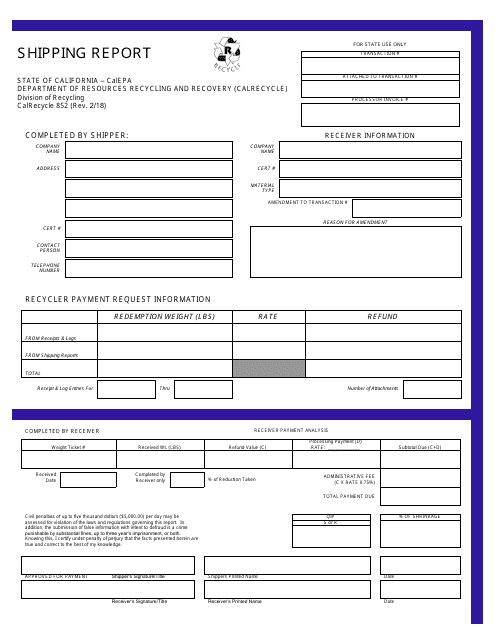 Form CalRecycle852 Shipping Report - California