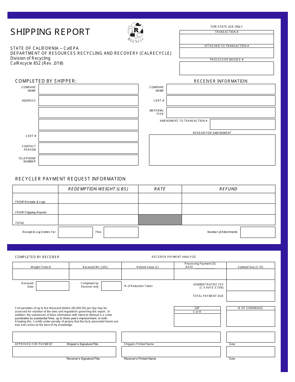 Form CalRecycle852 Shipping Report - California, Page 1