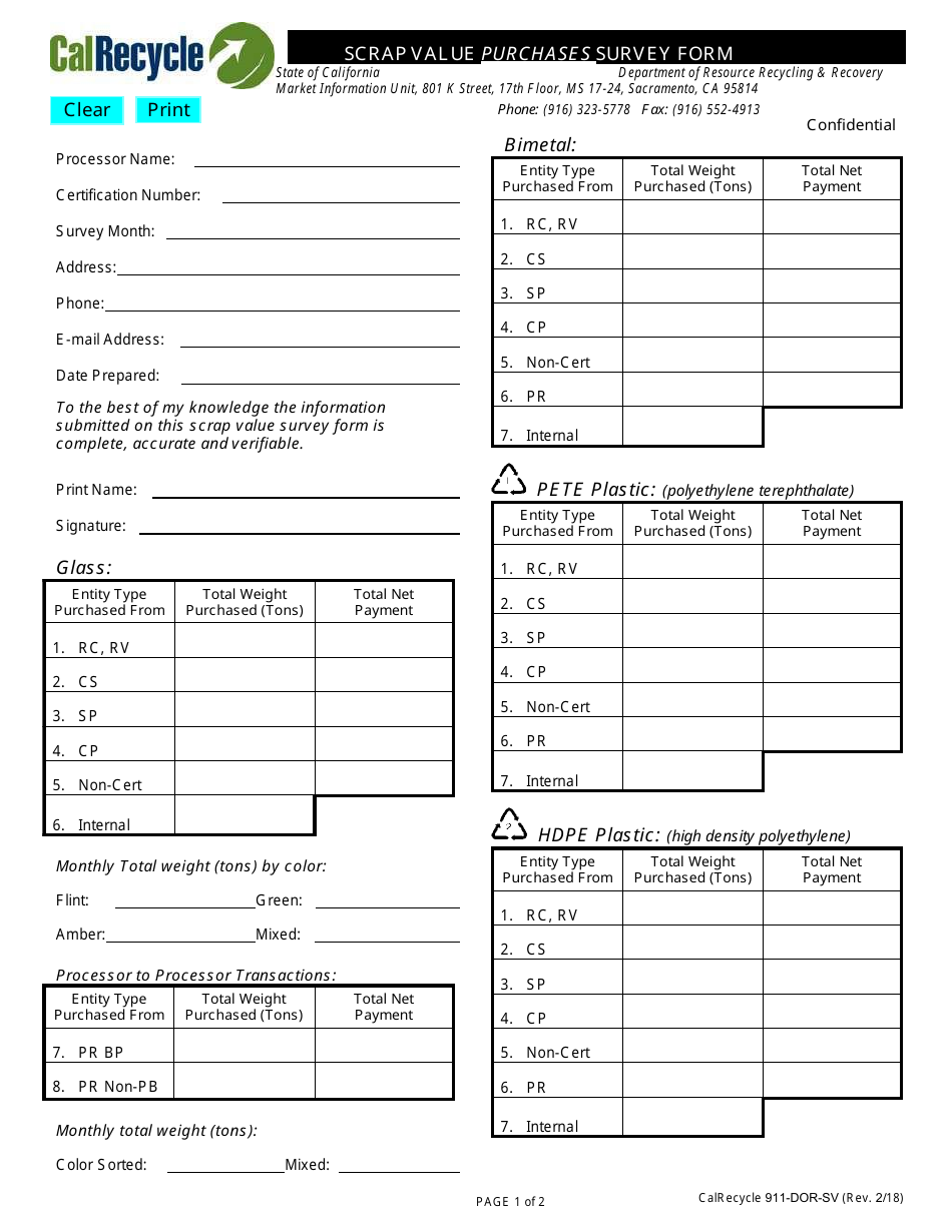 Form CalRecycle911-DOR-SV Scrap Value Purchases Survey Form - California, Page 1