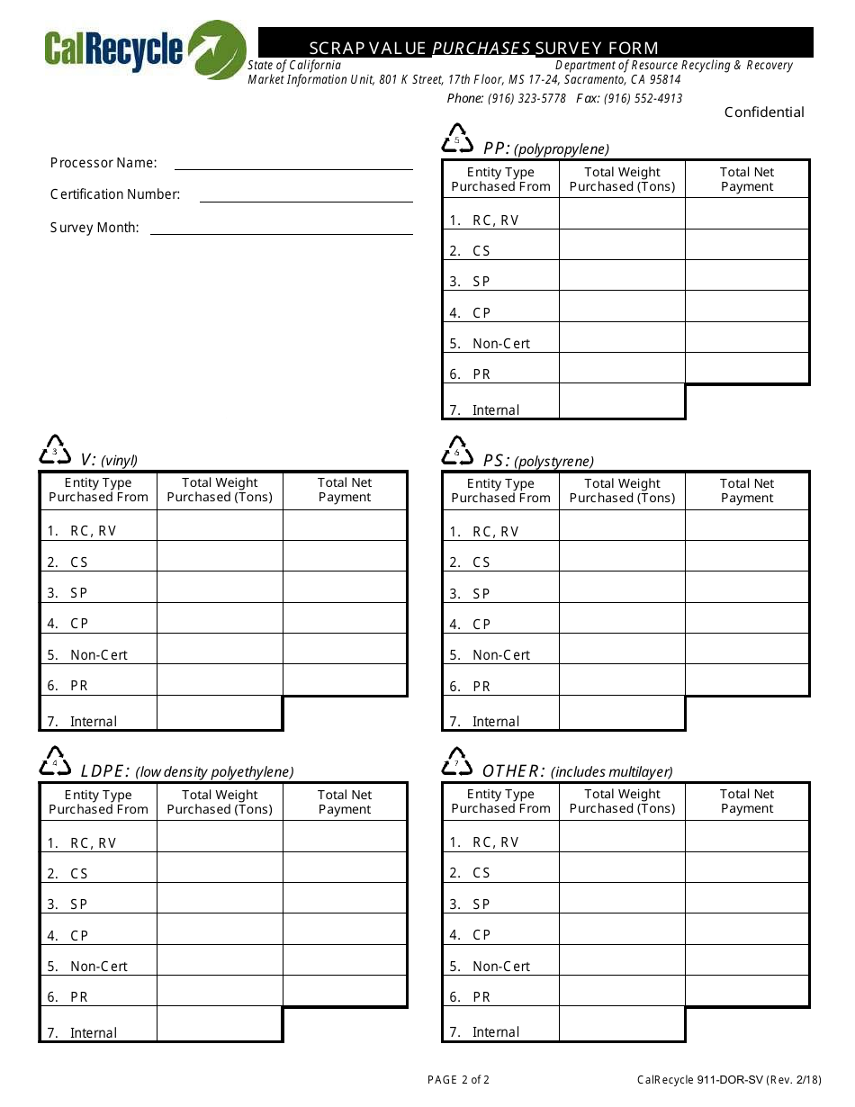Form CalRecycle911-DOR-SV Scrap Value Purchases Survey Form - California, Page 2