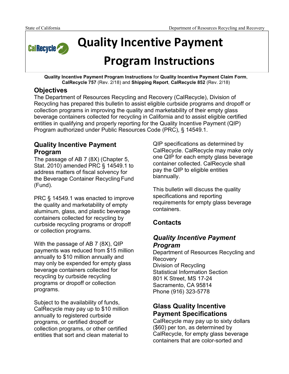 Instructions for Form CalRecycle757 Quality Incentive Payment Claim - California, Page 1