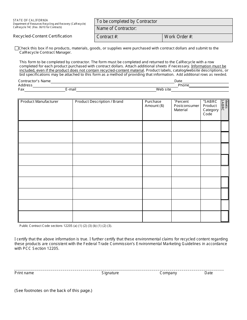 Form CalRecycle74C Recycled-Content Certification for Contracts - California, Page 1