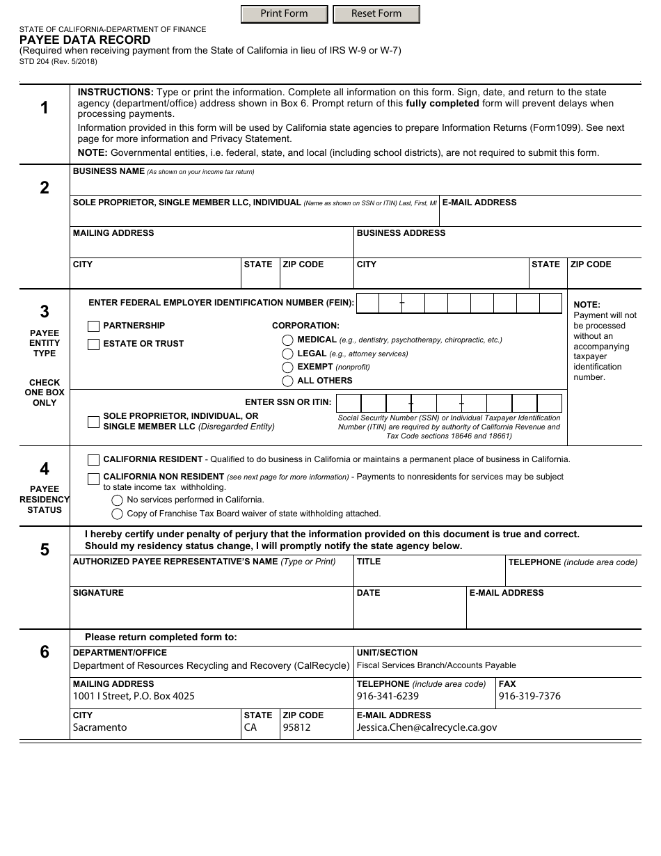 Form STD204 Payee Data Record - California, Page 1