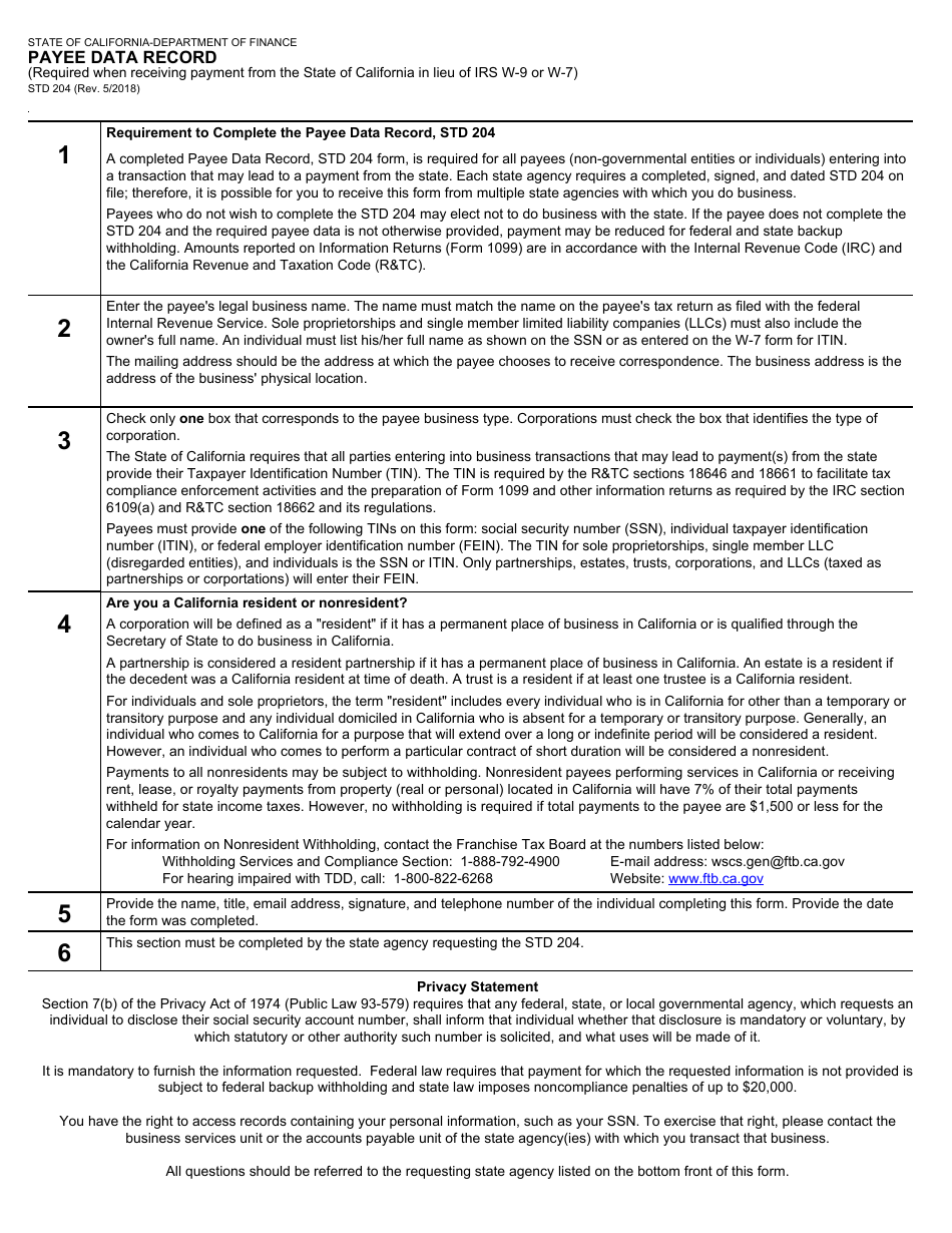 Form STD204 Payee Data Record - California, Page 2