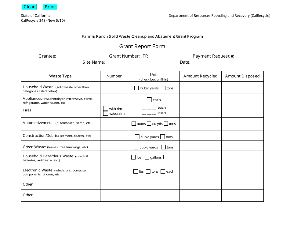 Form CalRecycle248 Grant Report Form - Farm and Ranch Solid Waste Cleanup and Abatement Grant Program - California, Page 1