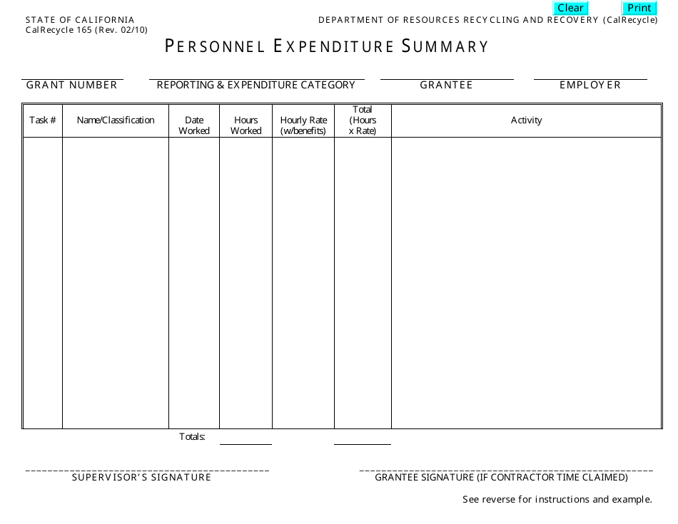 Form CalRecycle165 Personnel Expenditure Summary - California, Page 1