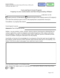 Form CalRecycle889 &quot;Property Access Authorization and Non-responsibility Affidavit - Farm and Ranch Grant Program&quot; - California