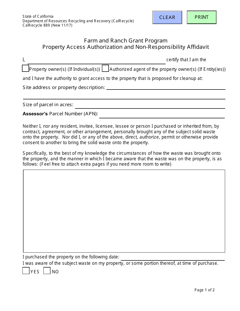 Form CalRecycle889 Property Access Authorization and Non-responsibility Affidavit - Farm and Ranch Grant Program - California, Page 1