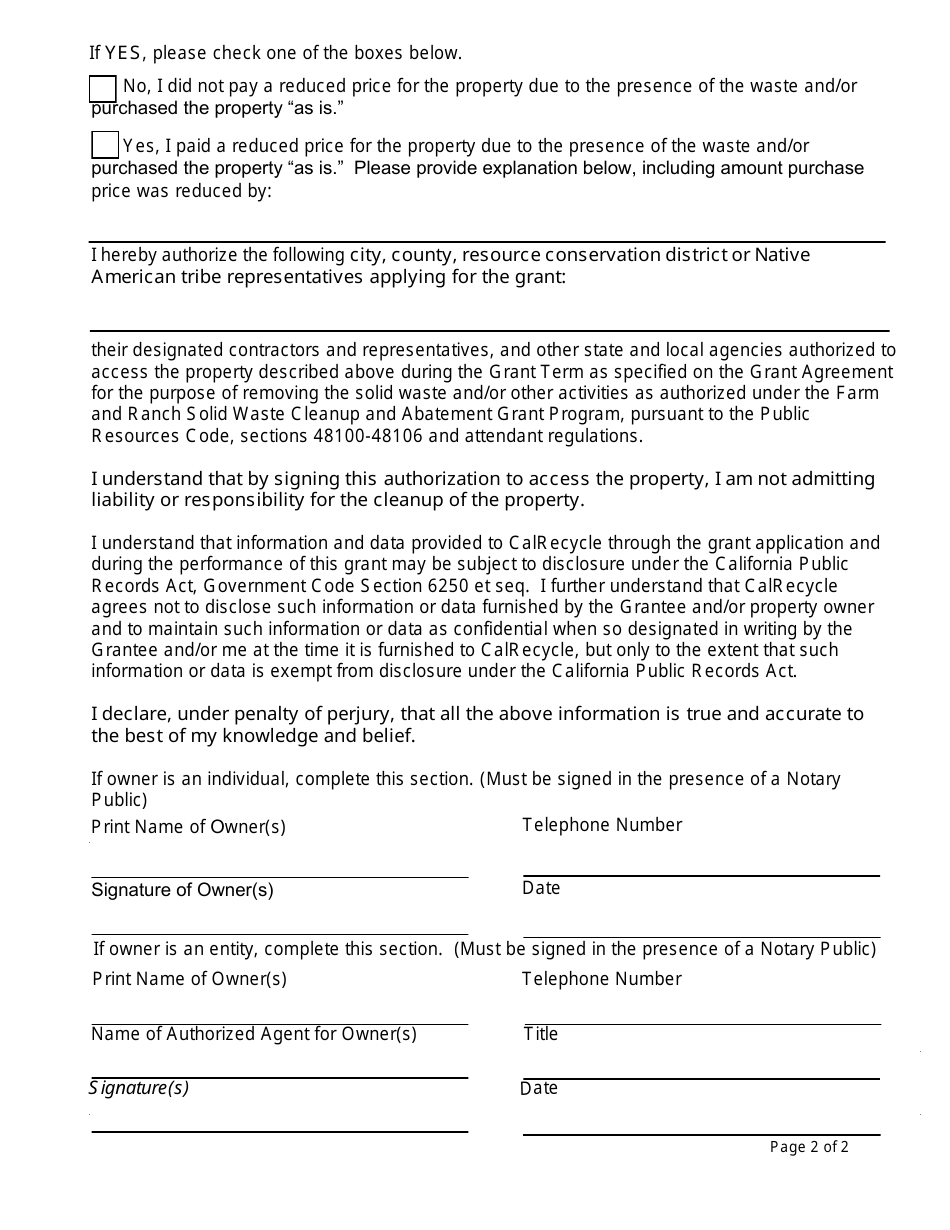 Form CalRecycle889 Property Access Authorization and Non-responsibility Affidavit - Farm and Ranch Grant Program - California, Page 2