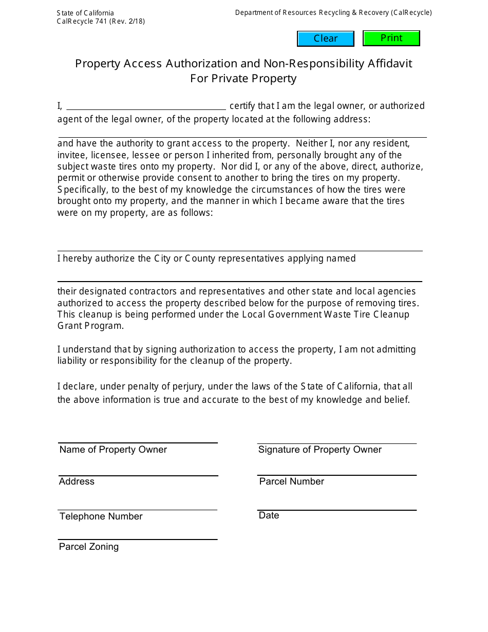 Form CalRecycle741 Property Access Authorization and Non-responsibility Affidavit for Private Property - California, Page 1