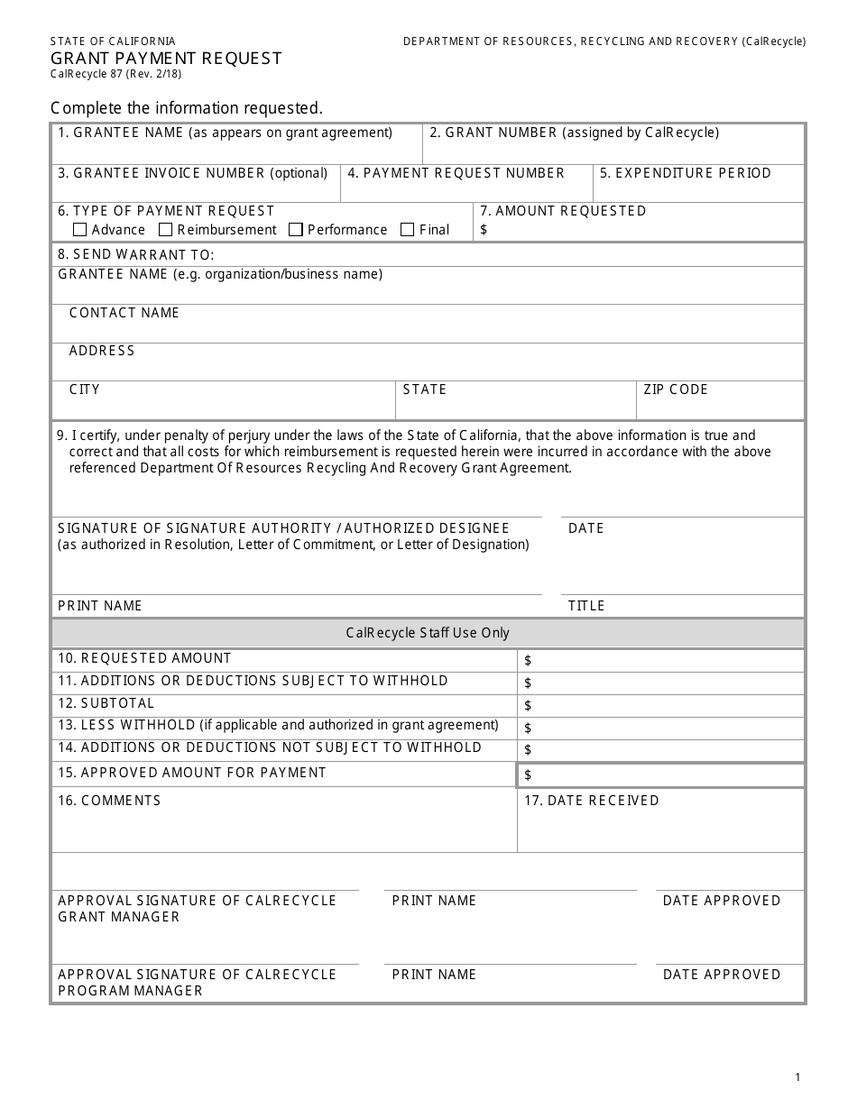 Form CalRecycle87 Grant Payment Request - California, Page 1