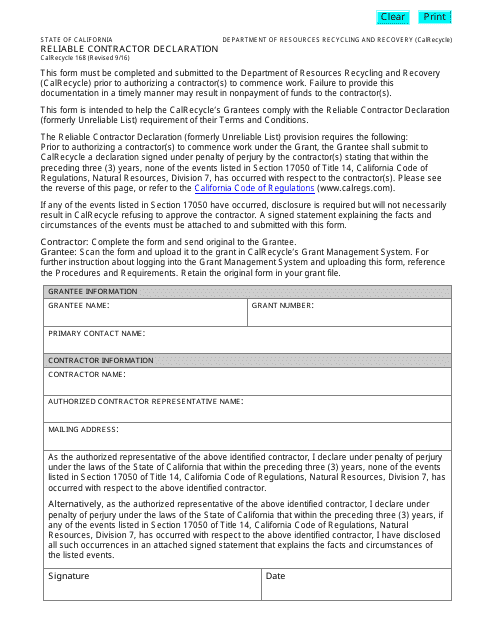 Form CalRecycle168 Reliable Contractor Declaration - California