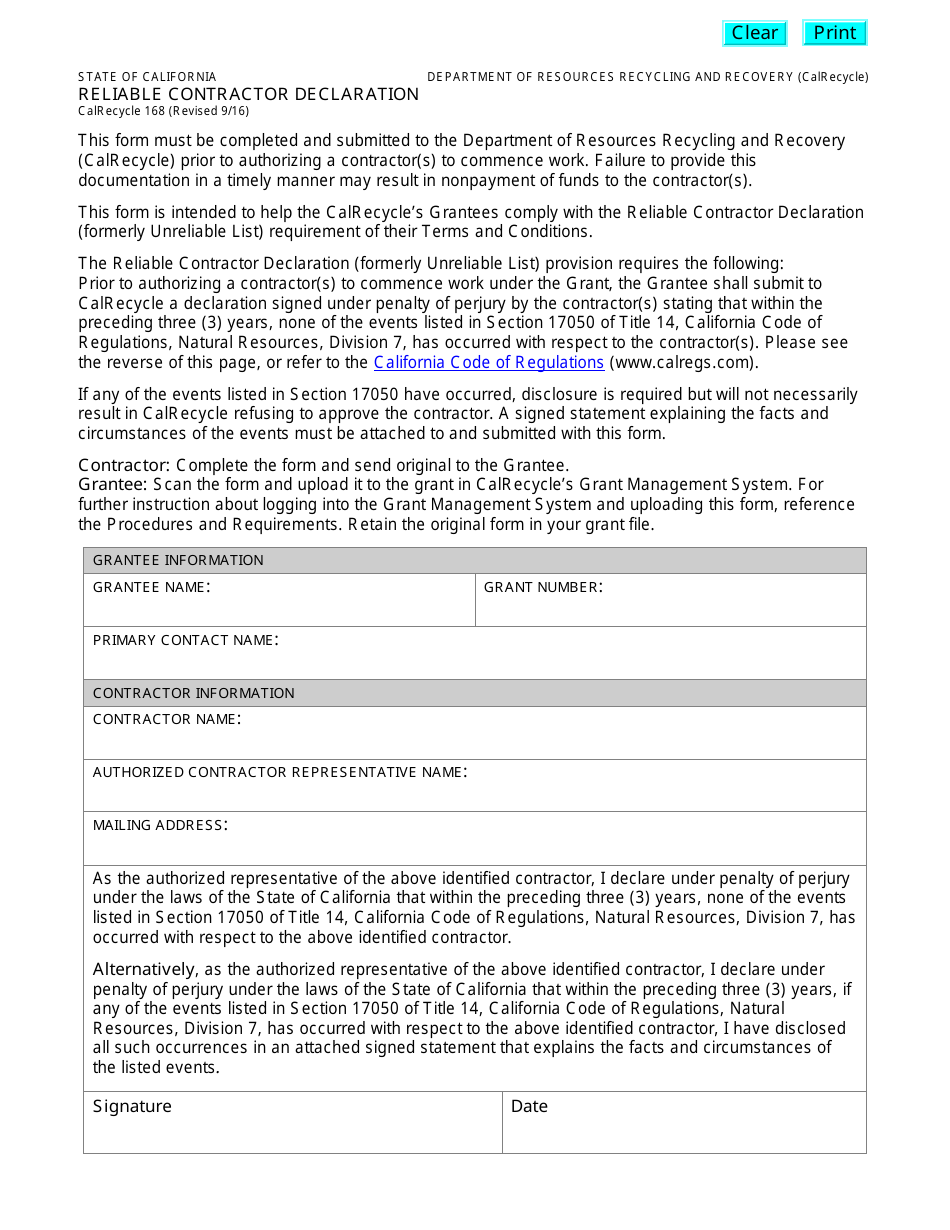 Form CalRecycle168 Reliable Contractor Declaration - California, Page 1