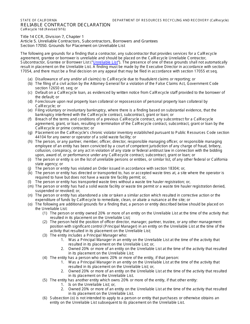 Form CalRecycle168 Reliable Contractor Declaration - California, Page 2