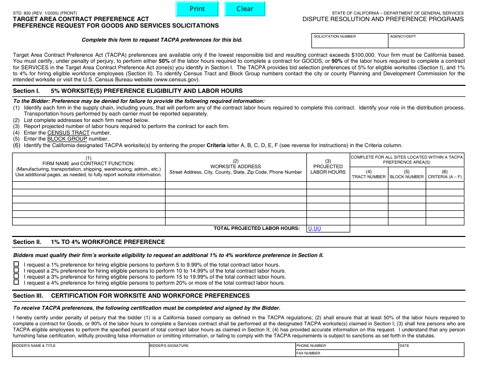 Form STD.830 Preference Request for Goods and Services Solicitations - Target Area Contract Preference Act - California, Page 1