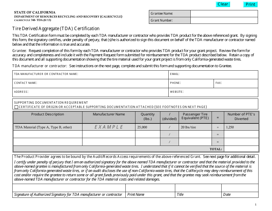 Form CalRecycle740-TDA Tire Derived Aggregate (Tda) Certification - California, Page 1