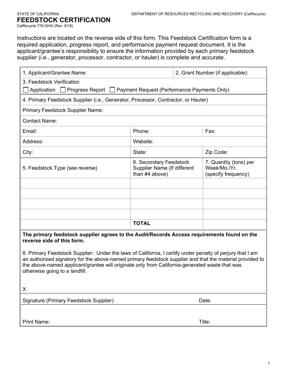 Form CalRecycle778-GHG Feedstock Certification - California, Page 1