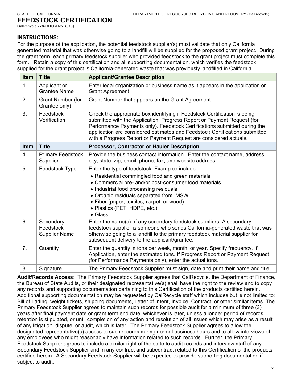Form CalRecycle778-GHG Feedstock Certification - California, Page 2