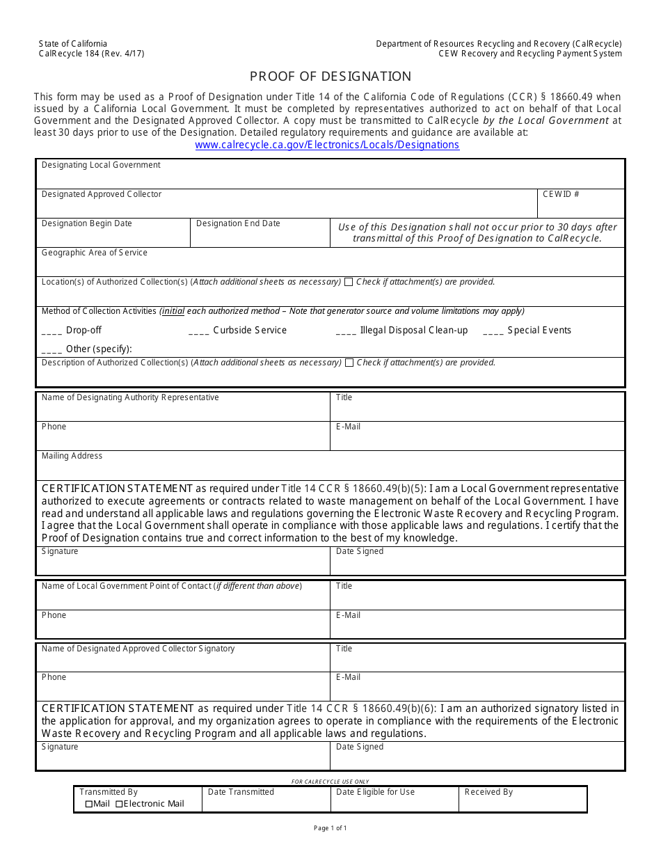 Form CalRecycle184 Proof of Designation - California, Page 1