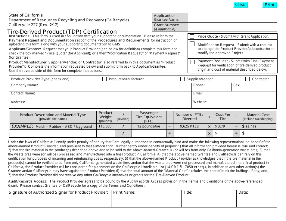 Form CalRecycle227 Tire-Derived Product (Tdp) Certification - California, Page 1