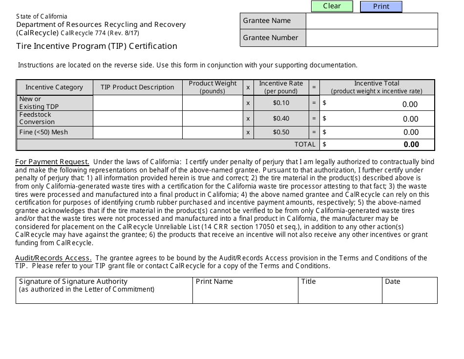Form CalRecycle774 Tire Incentive Program (Tip) Certification - California, Page 1
