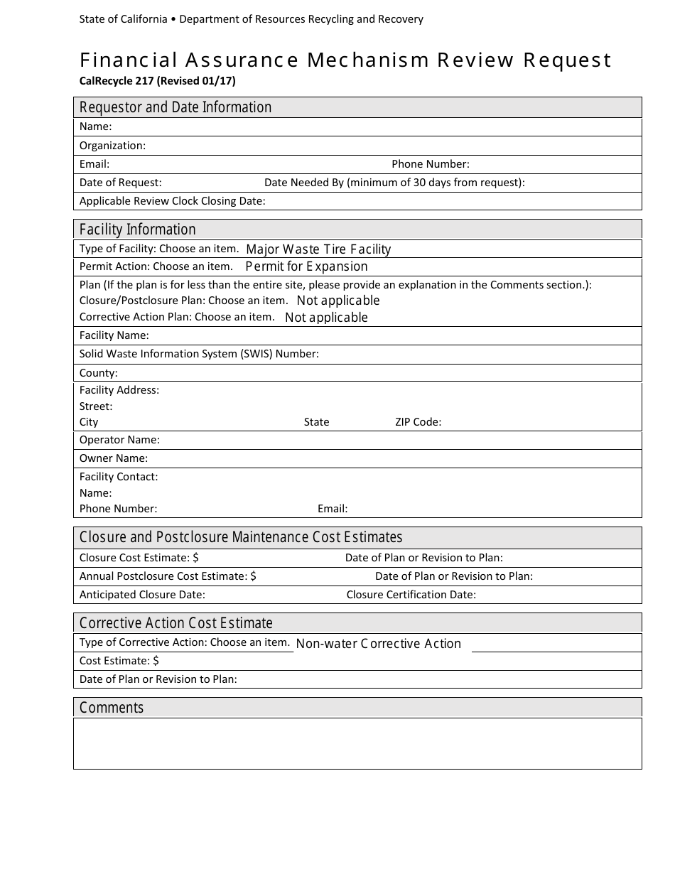 Form CalRecycle217 Financial Assurance Mechanism Review Request - California, Page 1