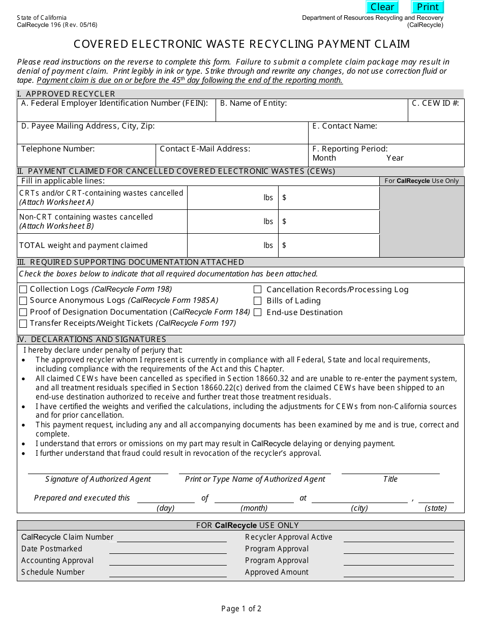 Form CalRecycle196 - Fill Out, Sign Online And Download Fillable PDF ...