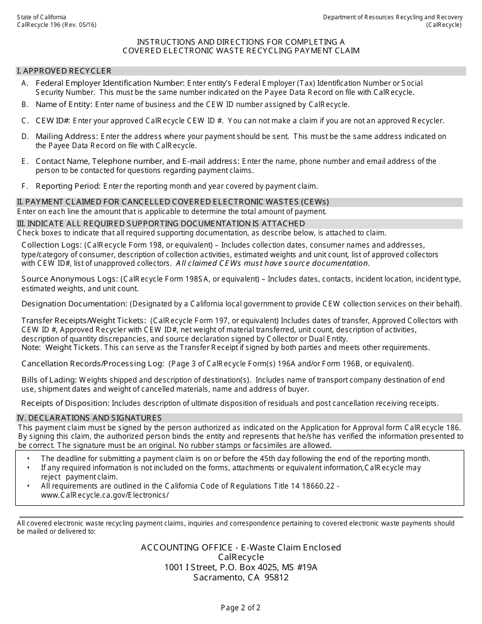 Form CalRecycle196 Covered Electronic Waste Recycling Payment Claim - California, Page 2