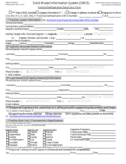 Form CalRecycle37 Solid Waste Information System (Swis) Facility/Site Data Entry Form - California