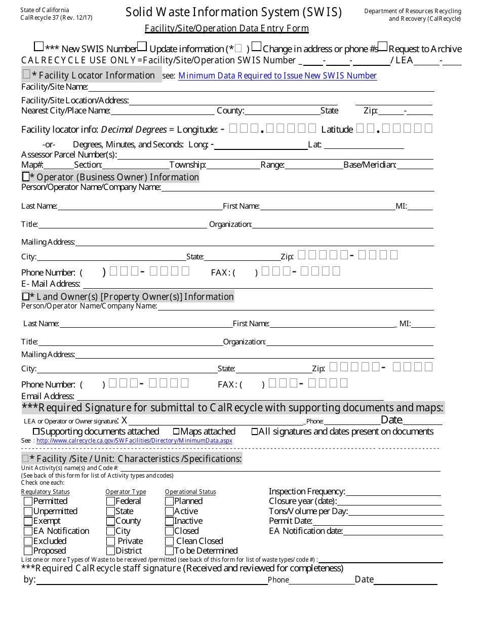 Form CalRecycle37 Solid Waste Information System (Swis) Facility / Site Data Entry Form - California, Page 1