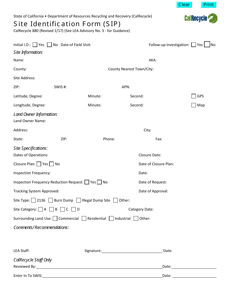 Form CalRecycle880 Site Identification Form (Sip) - California, Page 1