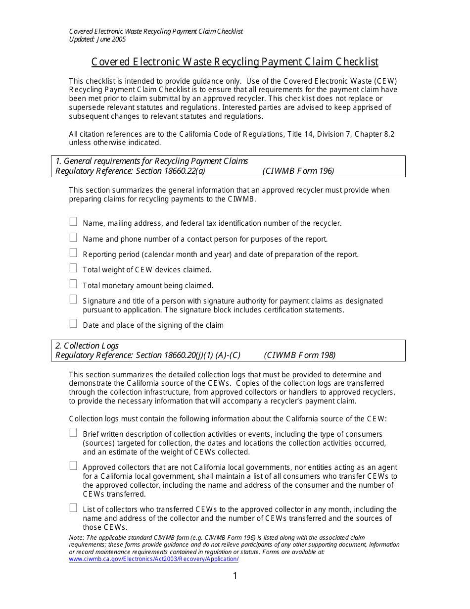 Covered Electronic Waste Recycling Payment Claim Checklist - California, Page 1