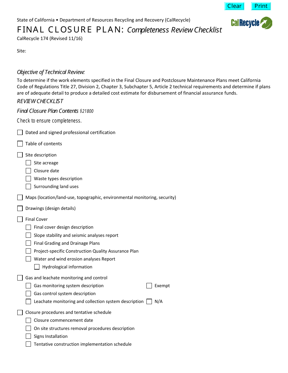 Form CalRecycle174 Final Closure Plan Completeness Review Checklist - California, Page 1