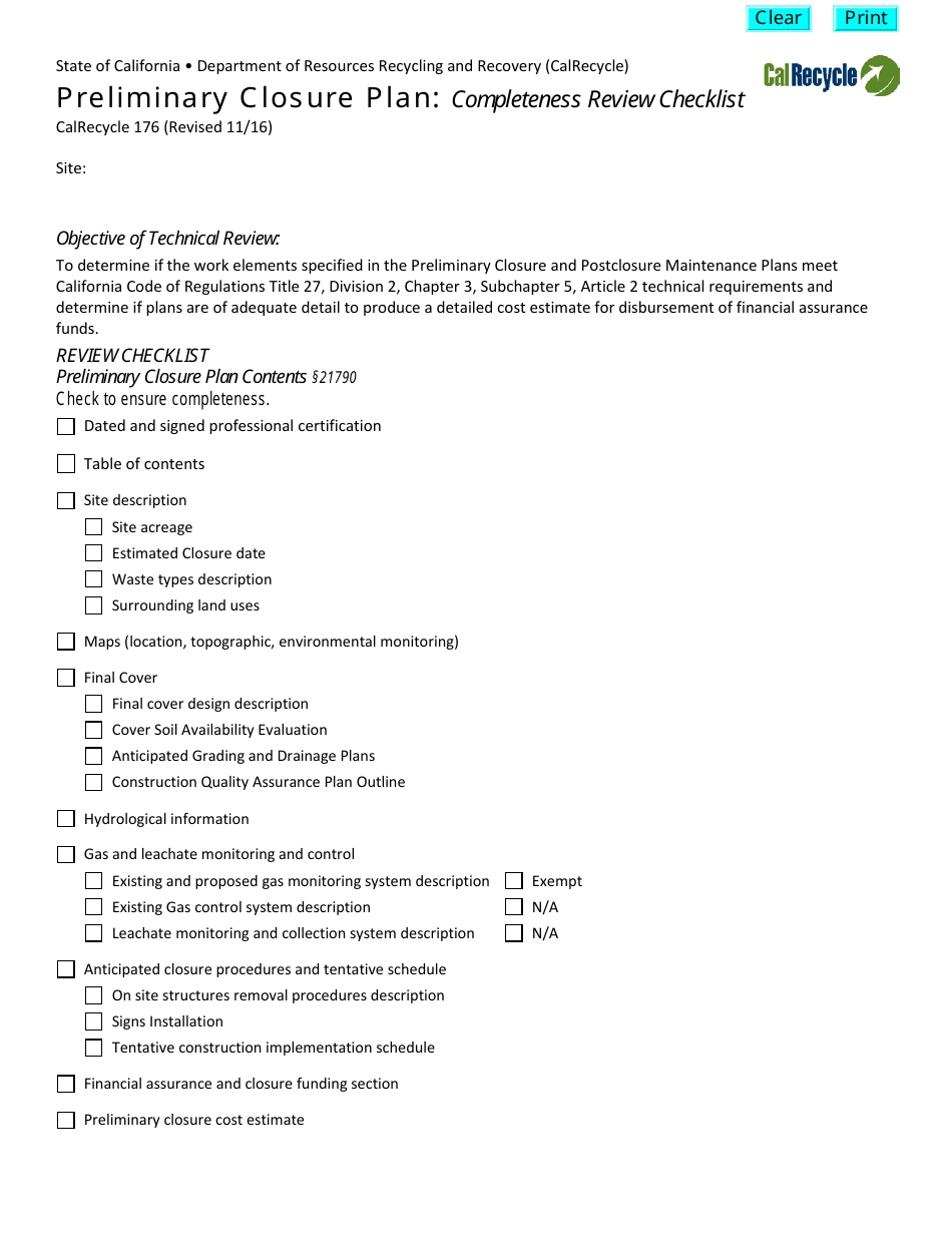 Form CalRecycle176 Preliminary Closure Plan Completeness Review Checklist - California, Page 1