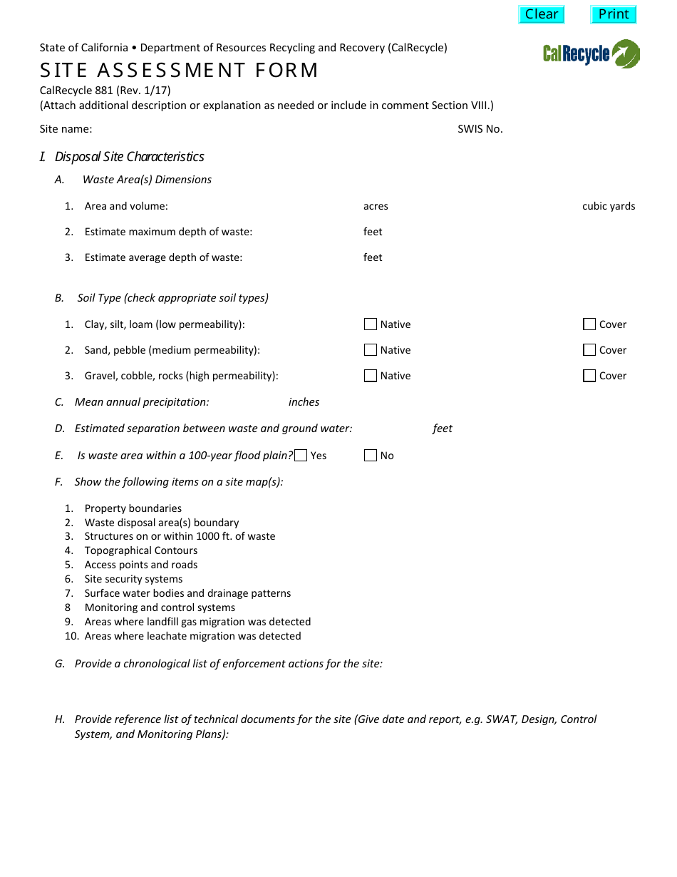 Form CalRecycle881 Site Assessment Form - California, Page 1