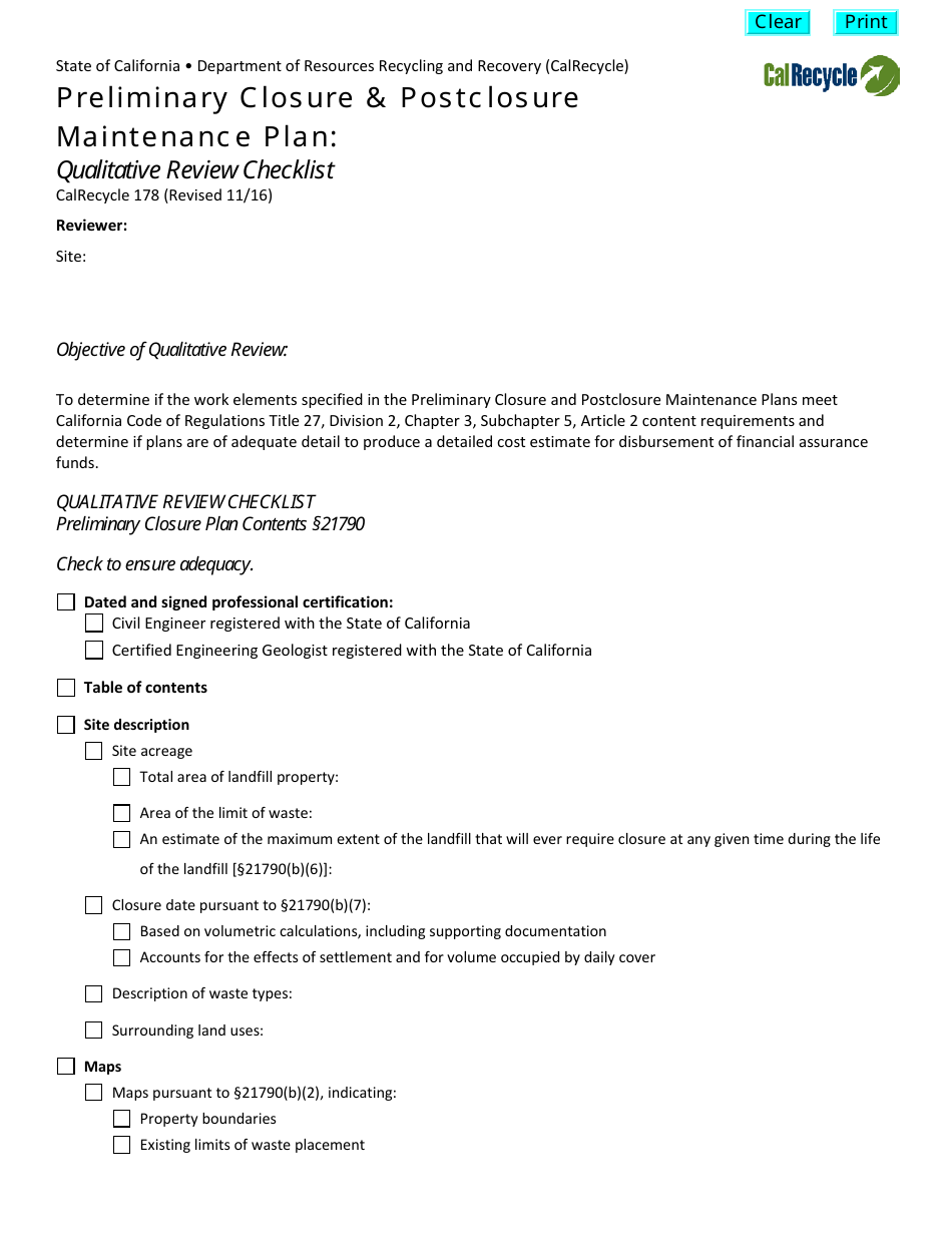 Form CalRecycle178 Preliminary Closure Plan Qualitative Review Checklist - California, Page 1