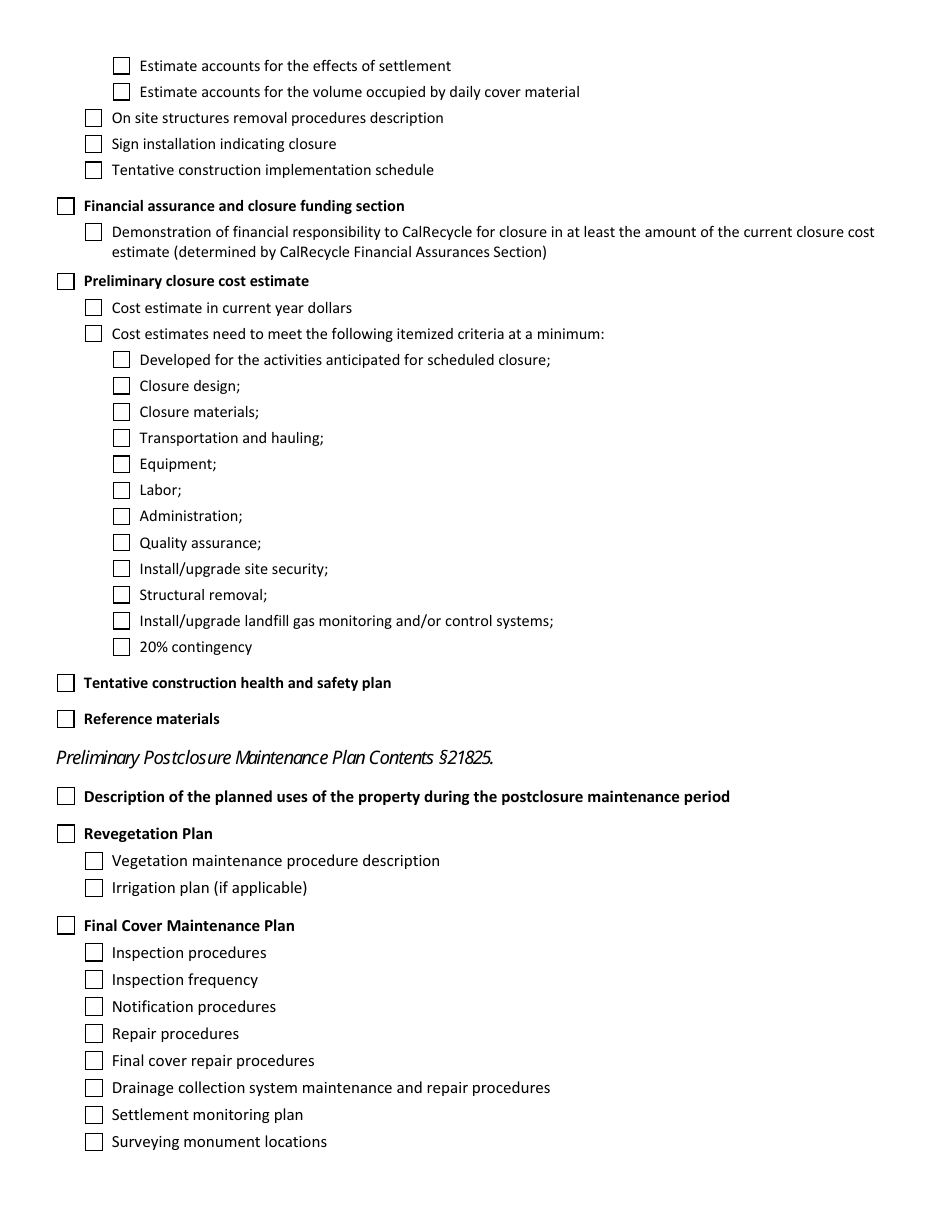 Form CalRecycle178 Preliminary Closure Plan Qualitative Review Checklist - California, Page 6
