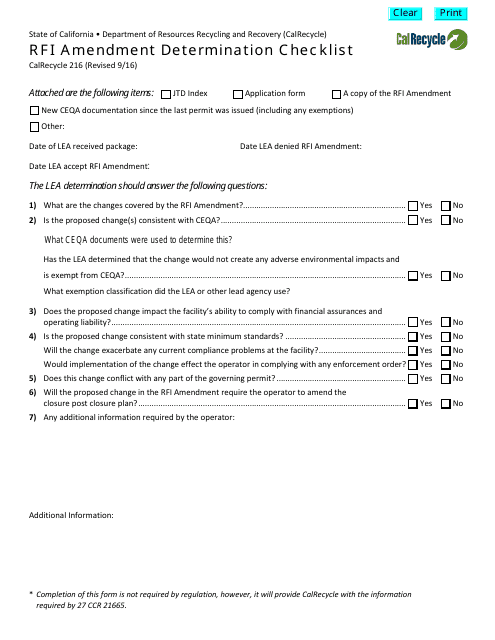 Form CalRecycle216 Rfi Amendment Determination Checklist - California