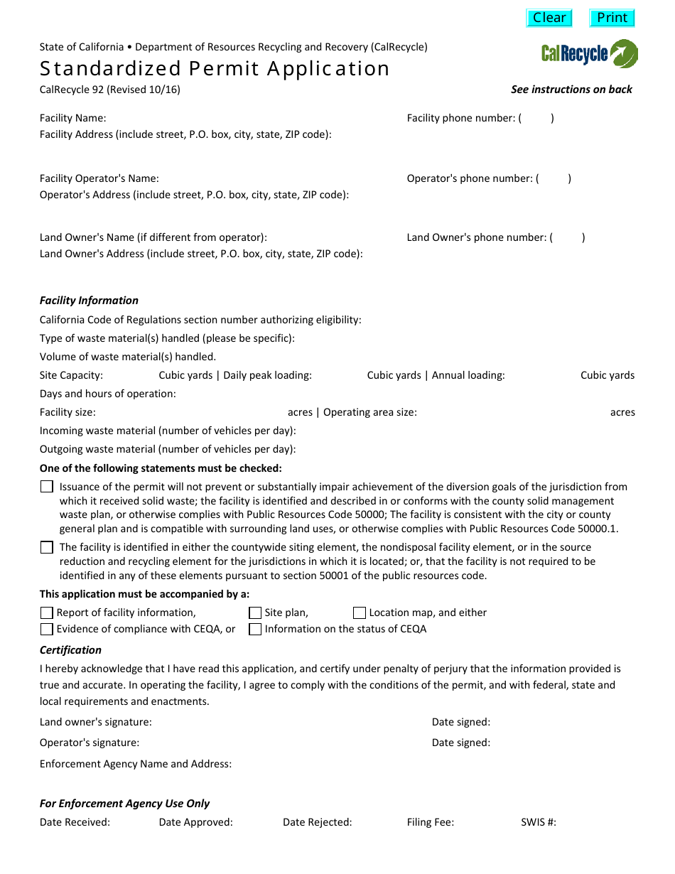Form CalRecycle92 Standardized Permit Application - California, Page 1