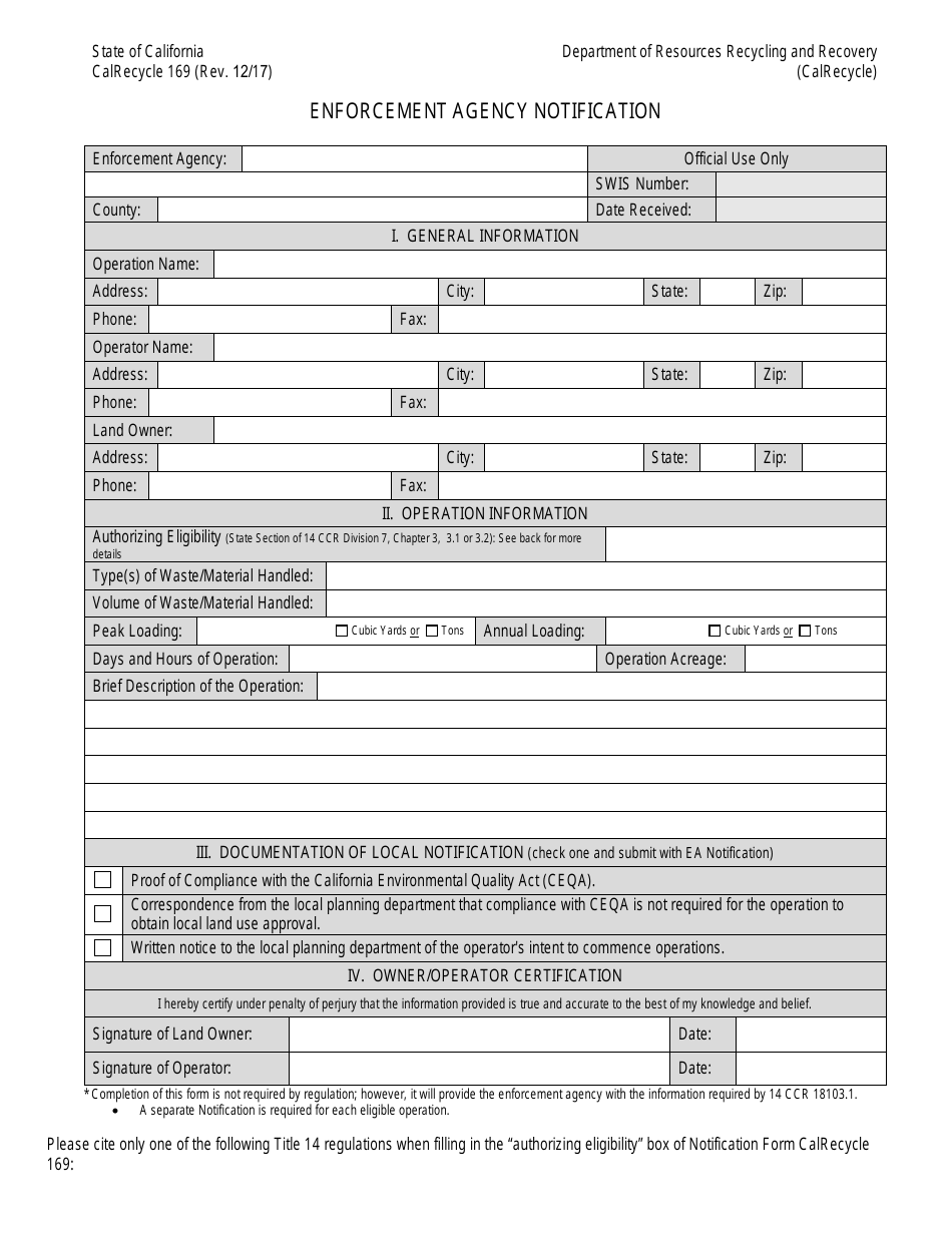 Form CalRecycle169 Enforcement Agency Notification - California, Page 1