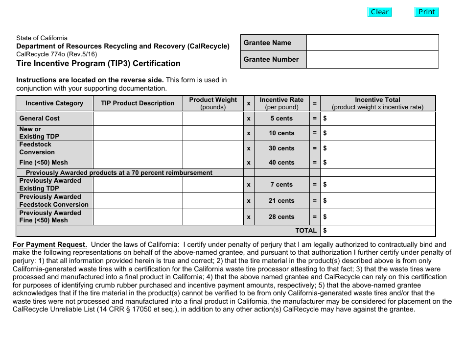 Form CalRecycle774O Tire Incentive Program (Tip3) Certification - California, Page 1