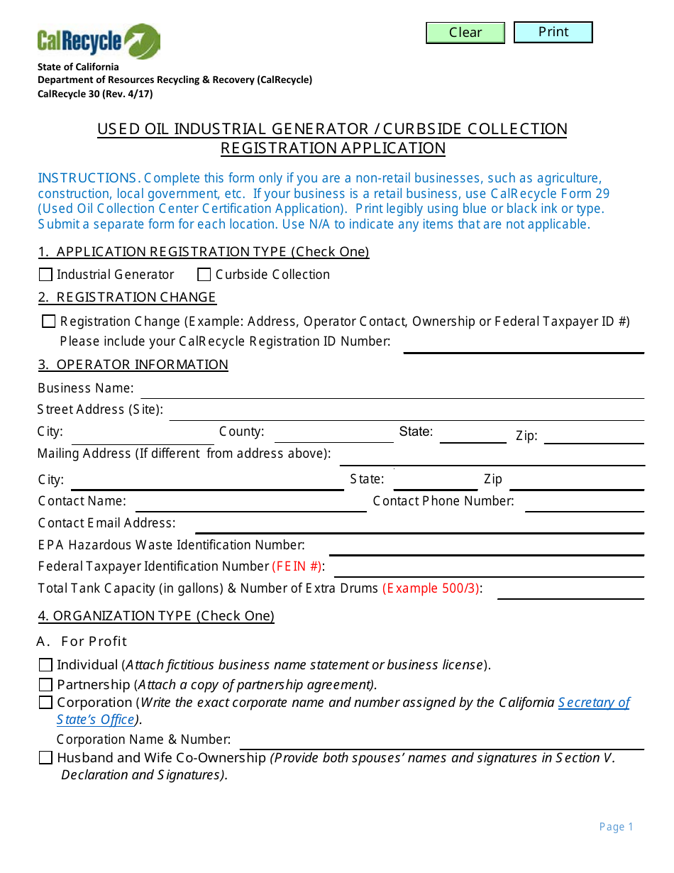 Form CalRecycle30 Used Oil Industrial Generator / Curbside Collection Registration Application - California, Page 1