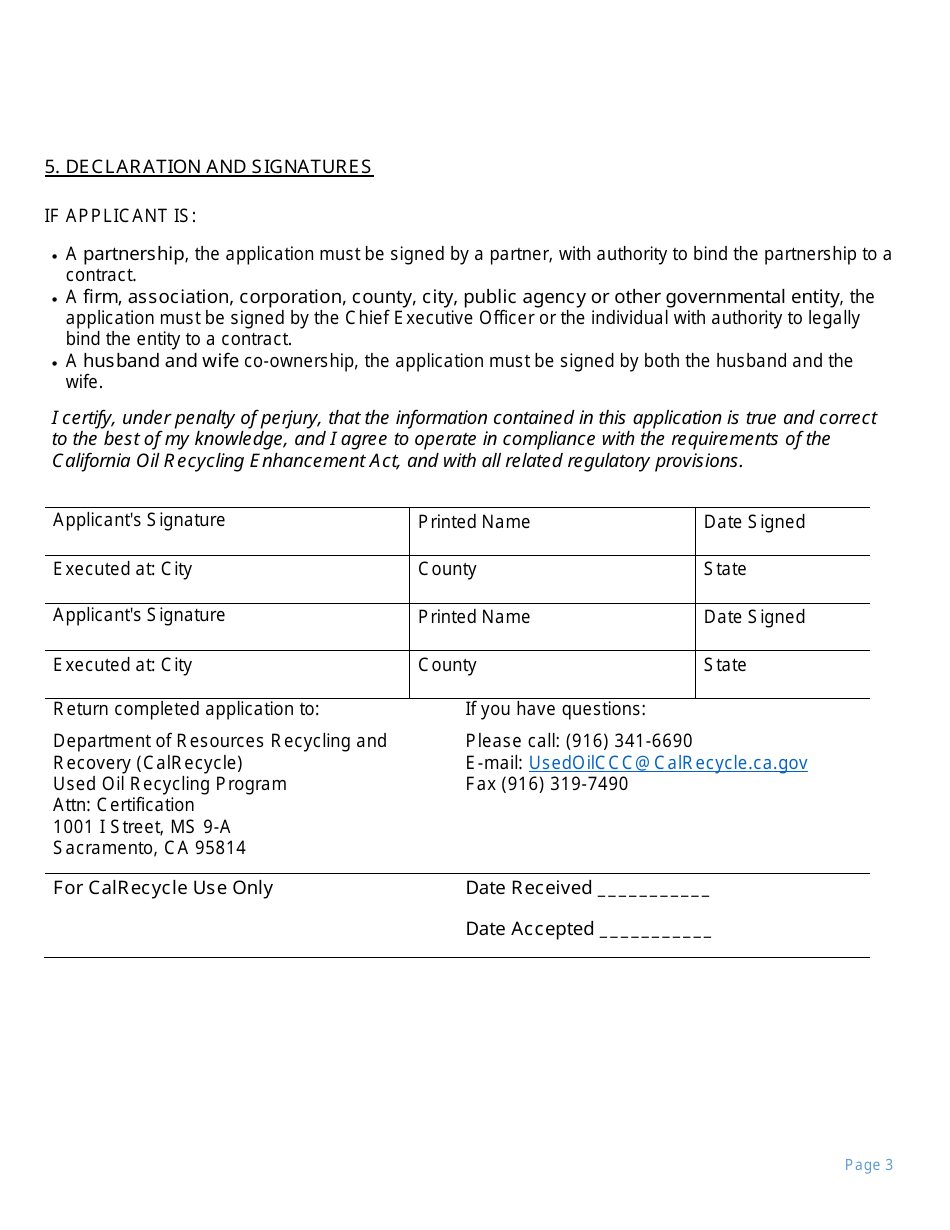 Form CalRecycle30 Used Oil Industrial Generator / Curbside Collection Registration Application - California, Page 3