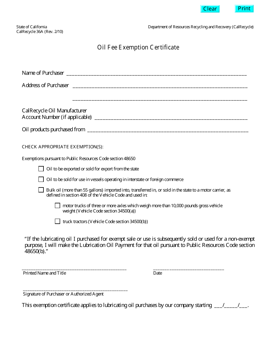 Form CalRecycle36A Oil Fee Exemption Certificate - California, Page 1
