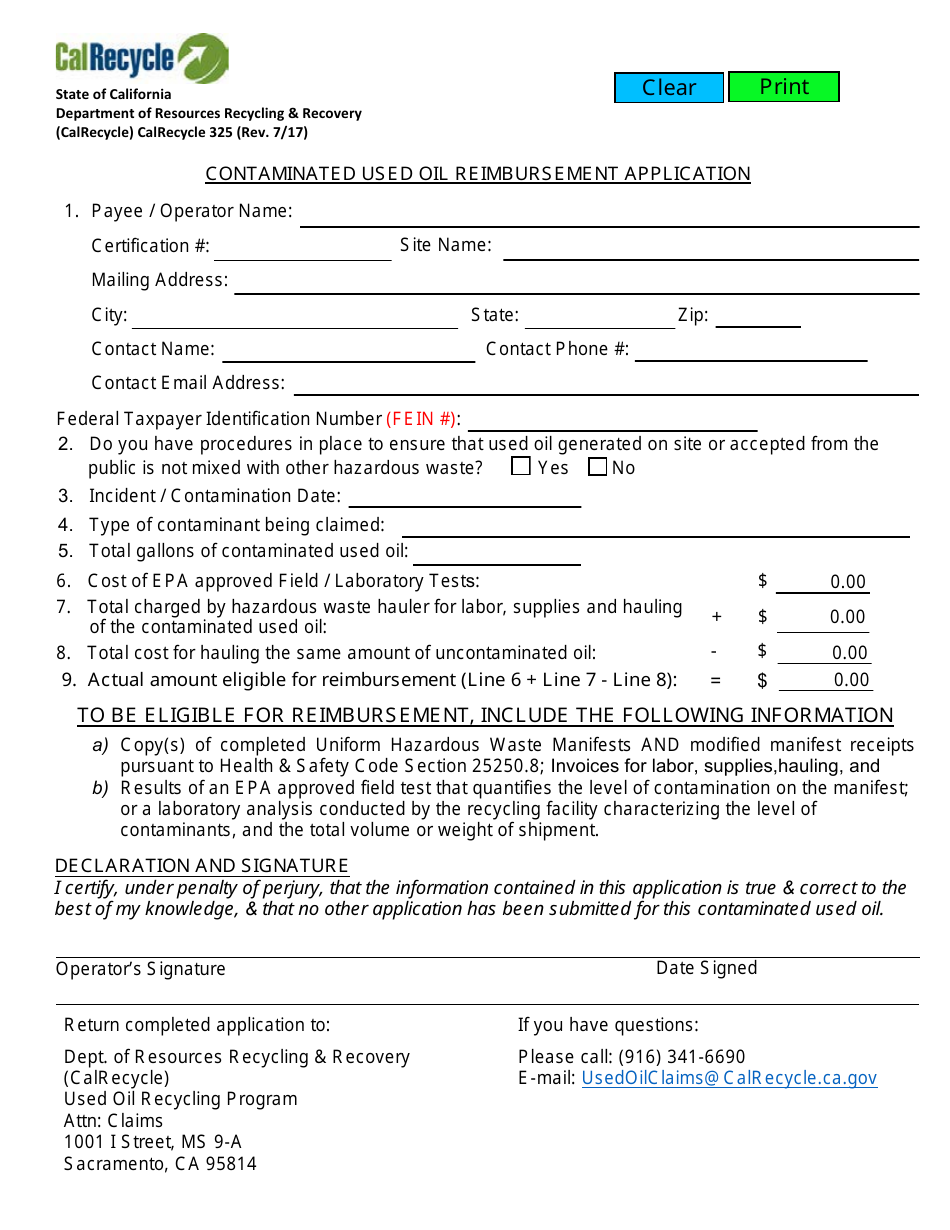 Form CalRecycle325 Contaminated Used Oil Reimbursement Application - California, Page 1